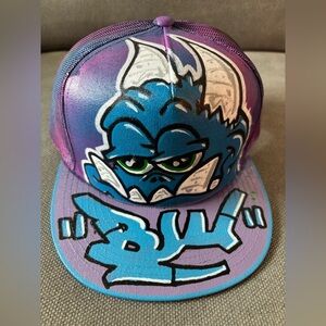 1/1 One of Kind Painted HORNED BLU Flat Brim SnapBack Hat - by Artist FOOLIO